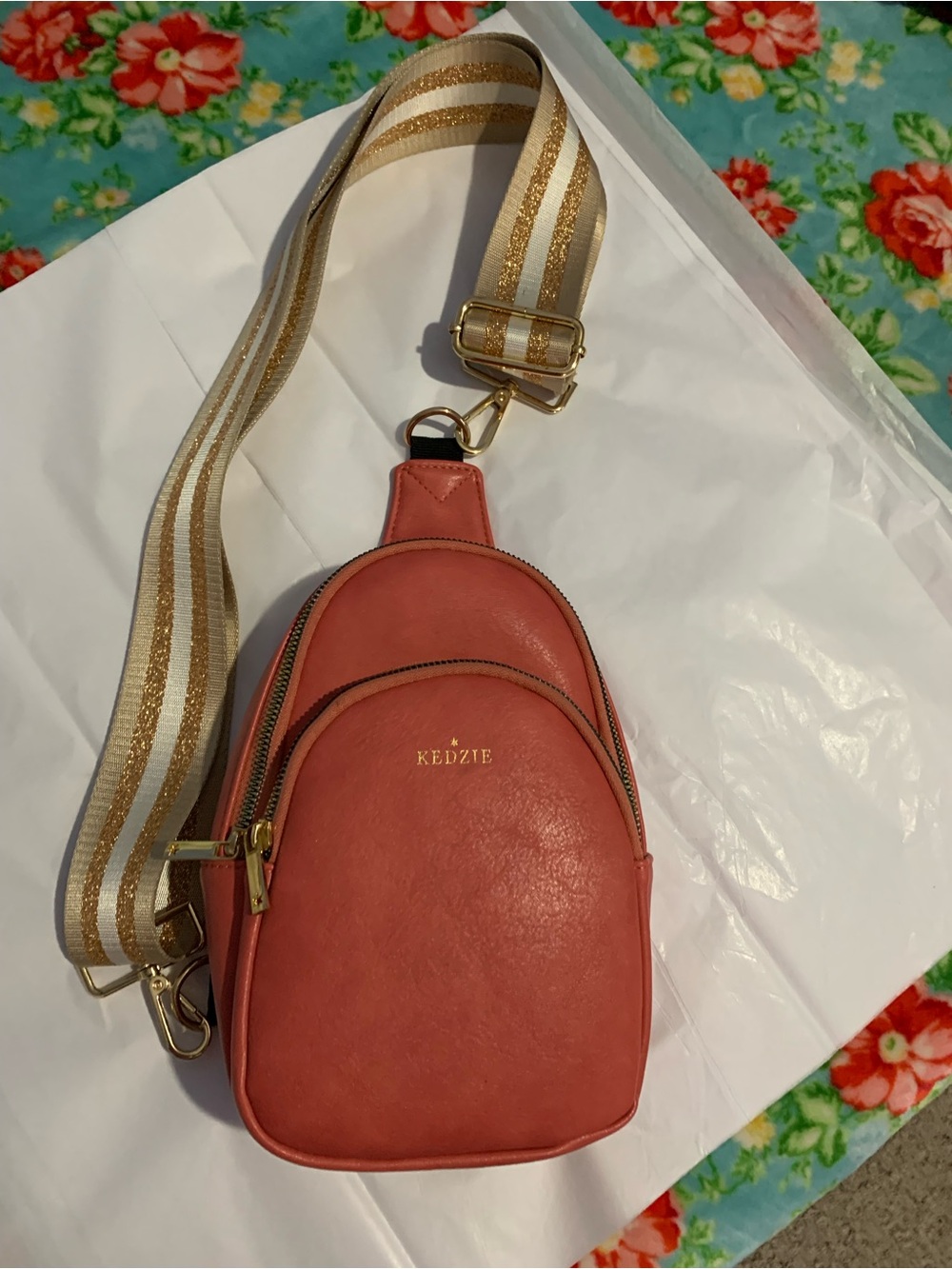 Kedzie Sunset Coral Crossbody Sling Bag with Gold-Striped Strap Convertible